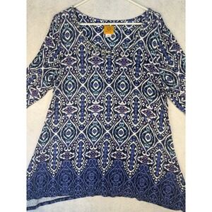 Ruby Rd Ikat Print Tunic Top Blue Beaded Neckline 3/4 Sleeve Size L